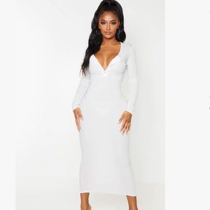 Cream Ribbed Button Front Long Sleeve Midaxi Dress